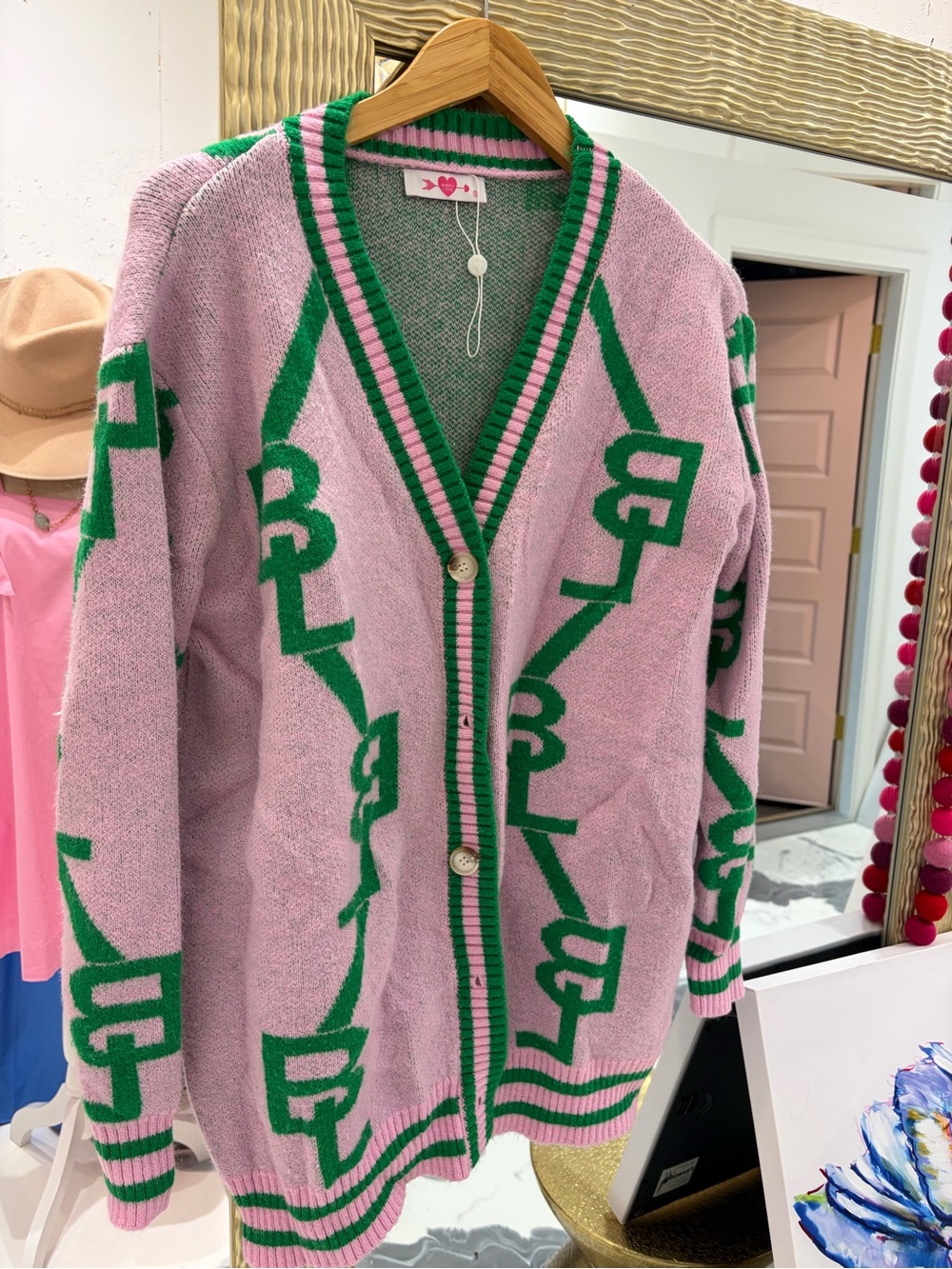 Buddy Love Pink V-Neck Cardigan with Green Graphic Trim